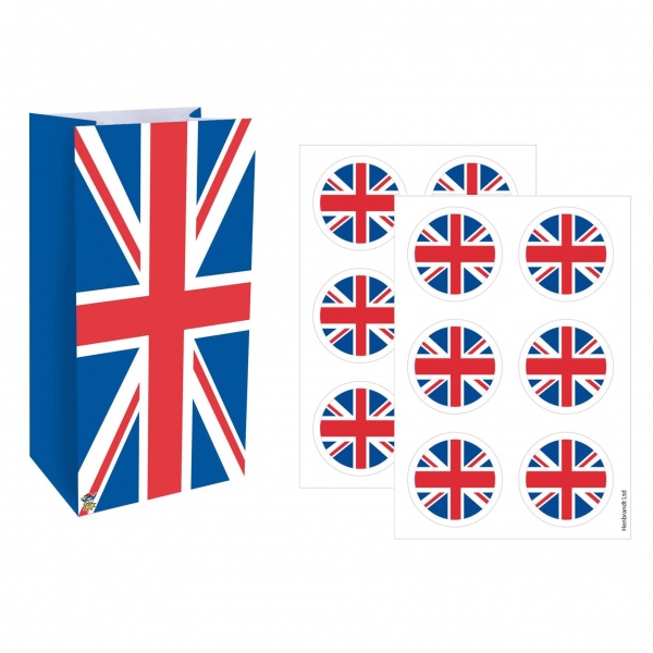 12 x Union Jack Paper Party Bags & Stickers Henbrandt
