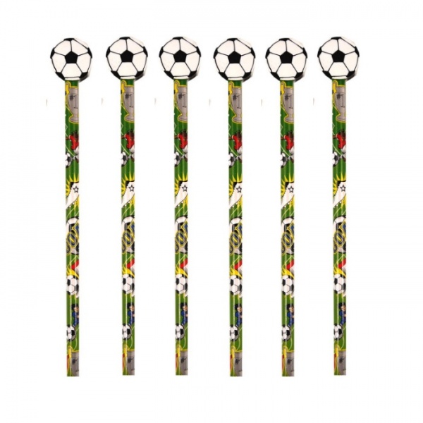 6 x Football Pencils Assorted Designs With Erasers Rubbers Toppers